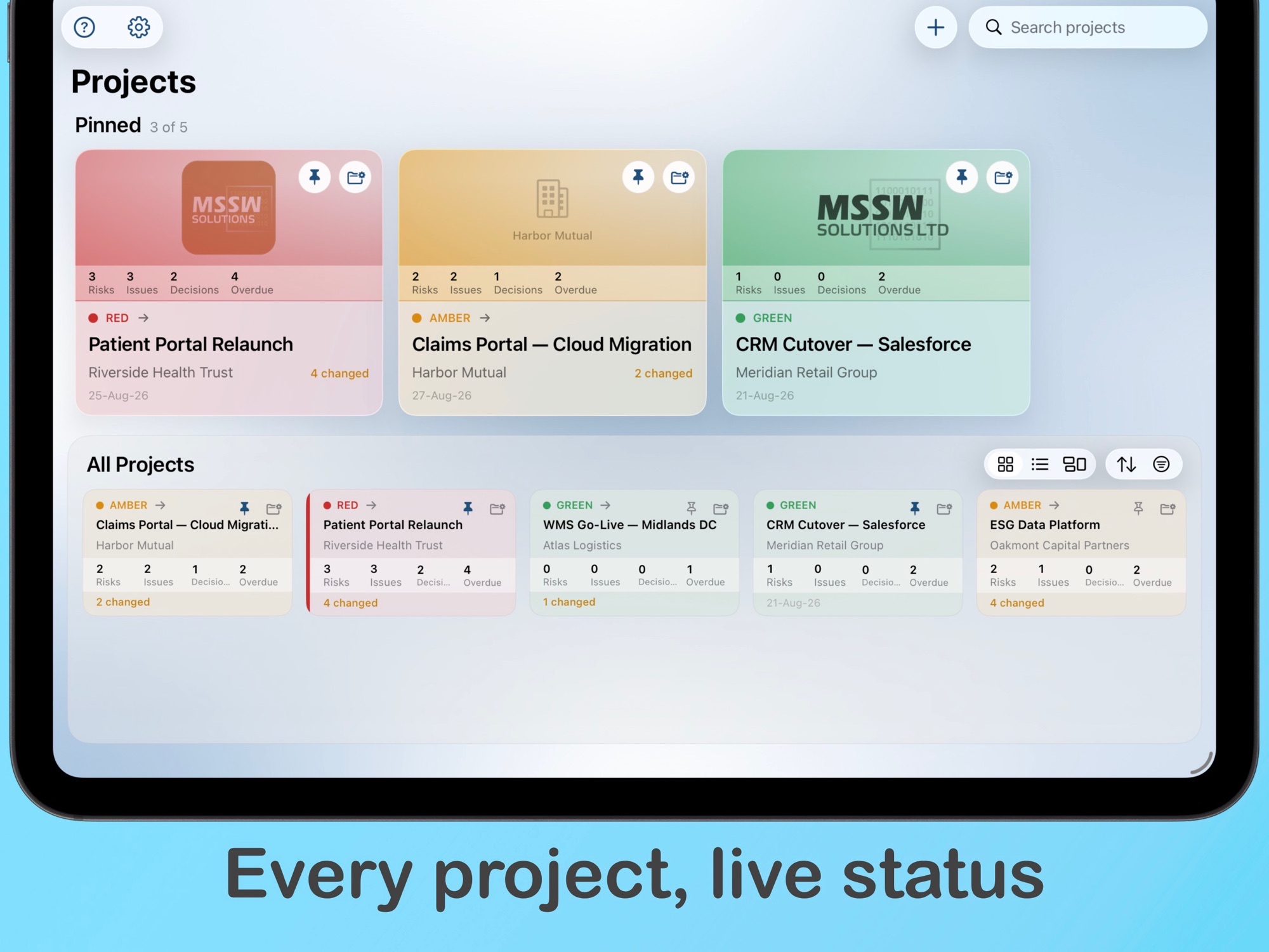 STATUS on iPad — project gallery with live RAG status