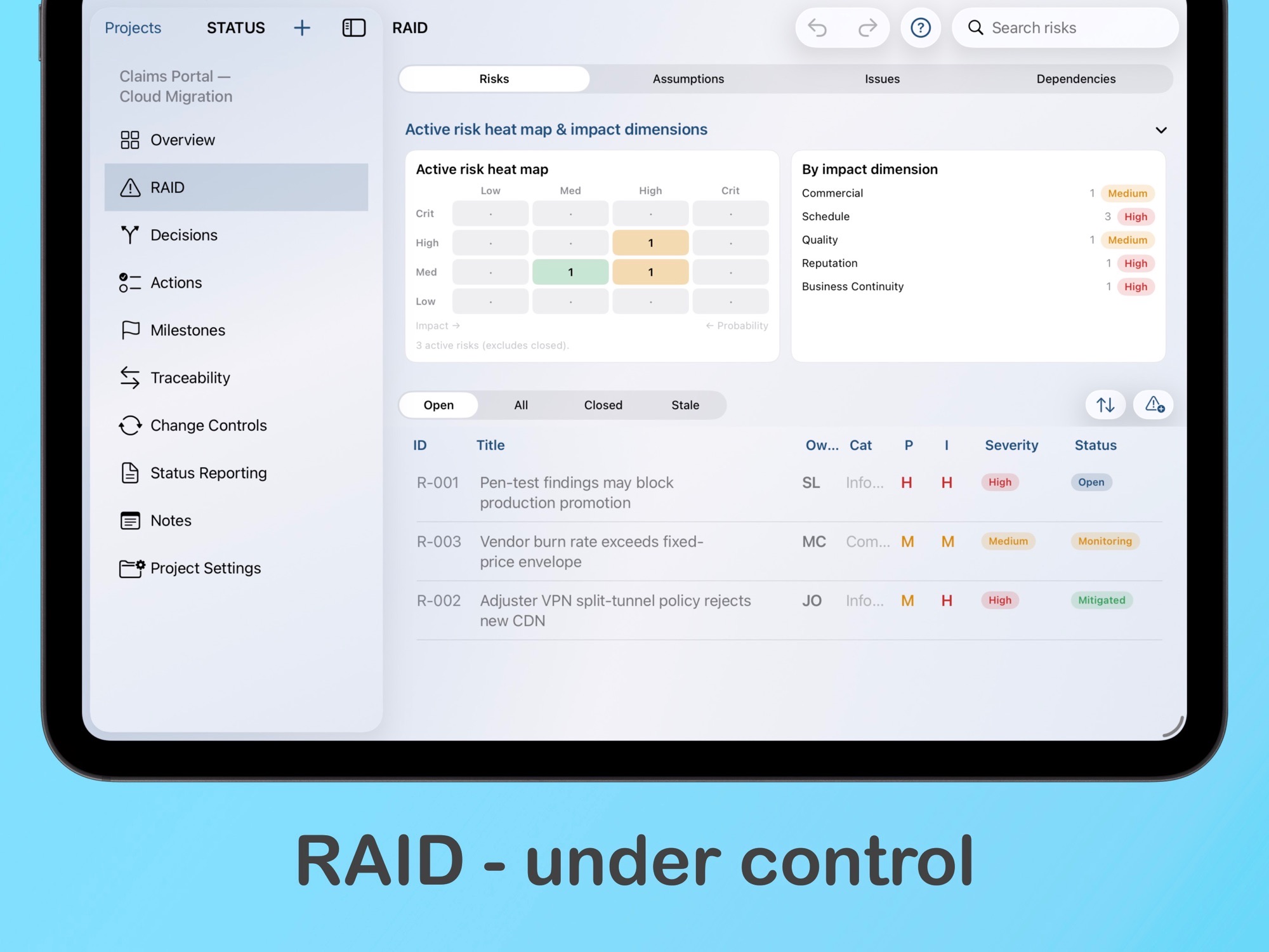 STATUS RAID register with active risk heat map on iPad
