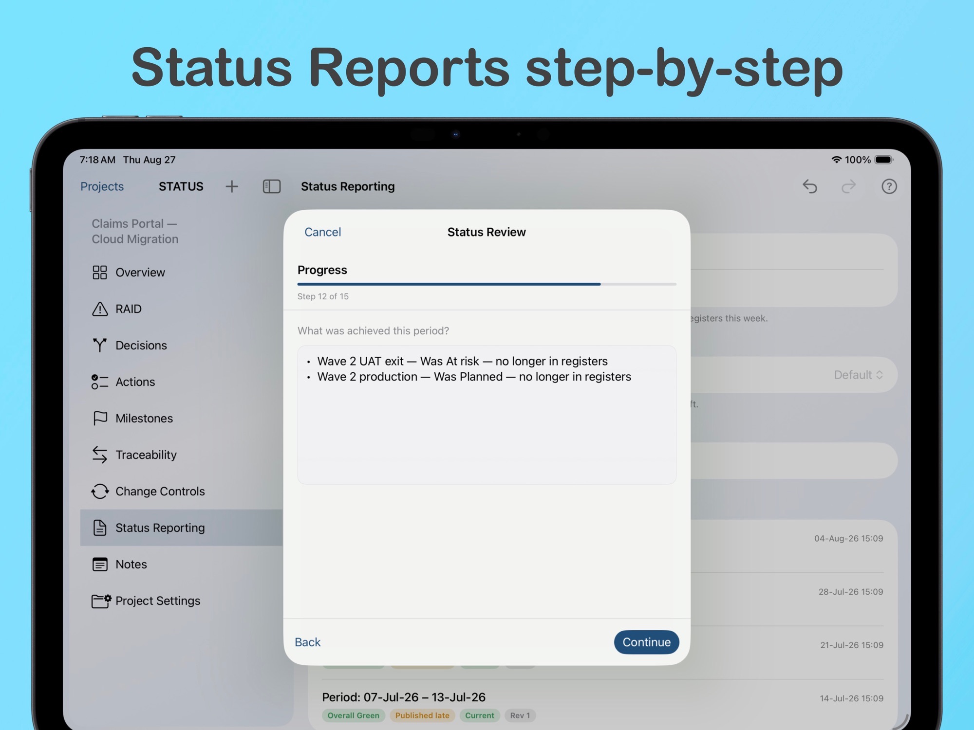 STATUS Status Review on iPad — guided steps from live registers
