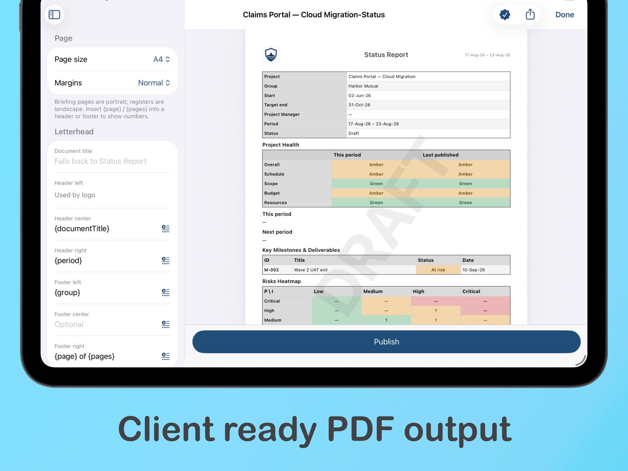 STATUS client-ready status report PDF preview on iPad